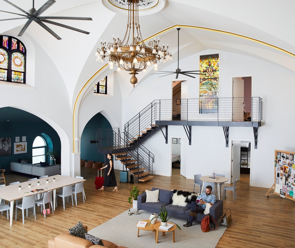 wide shot of common area of repurposed gothic style church