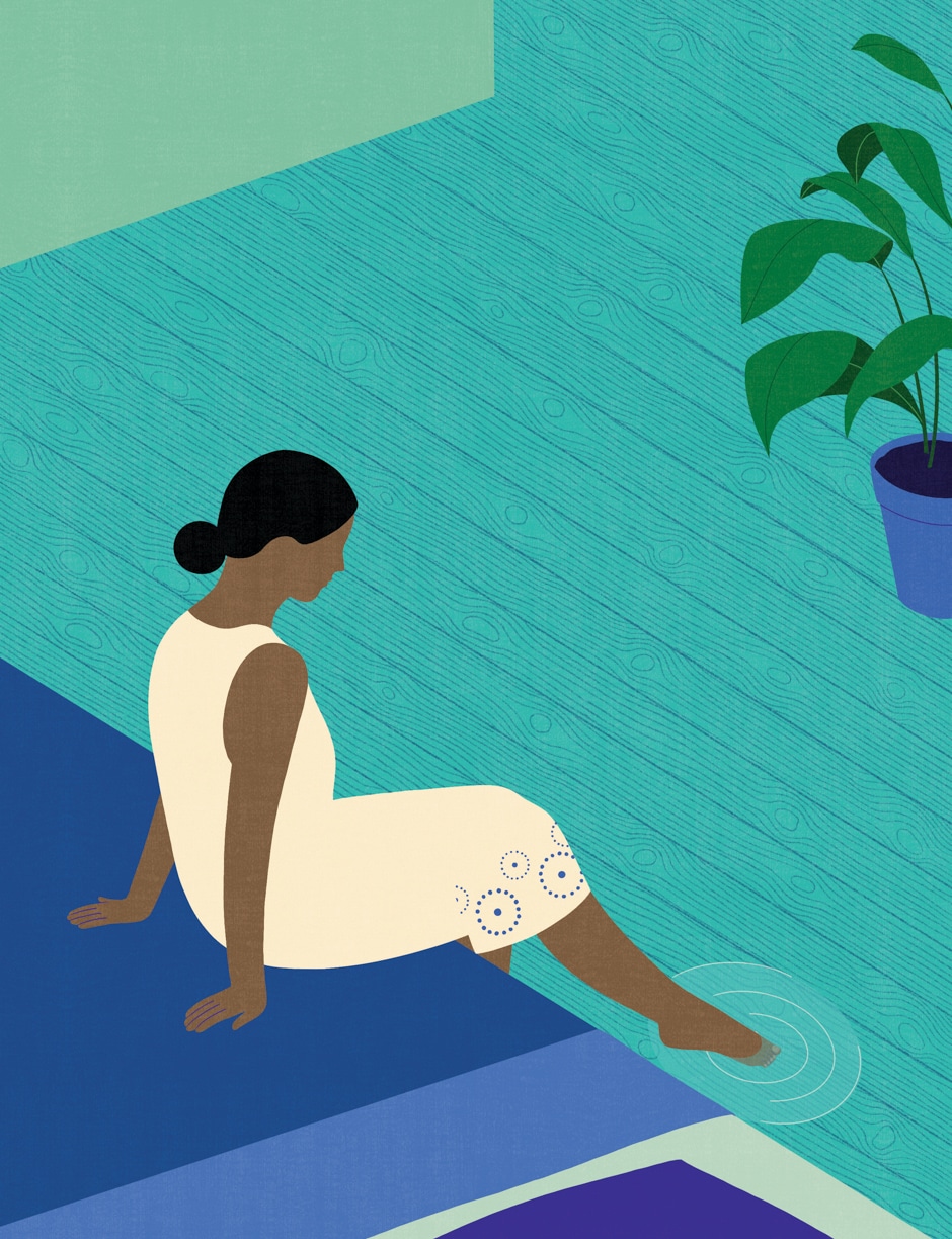 woman dipping toe in pool illustration