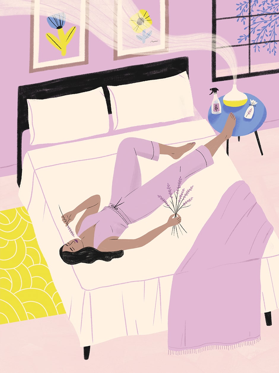 woman lying on bed illustration