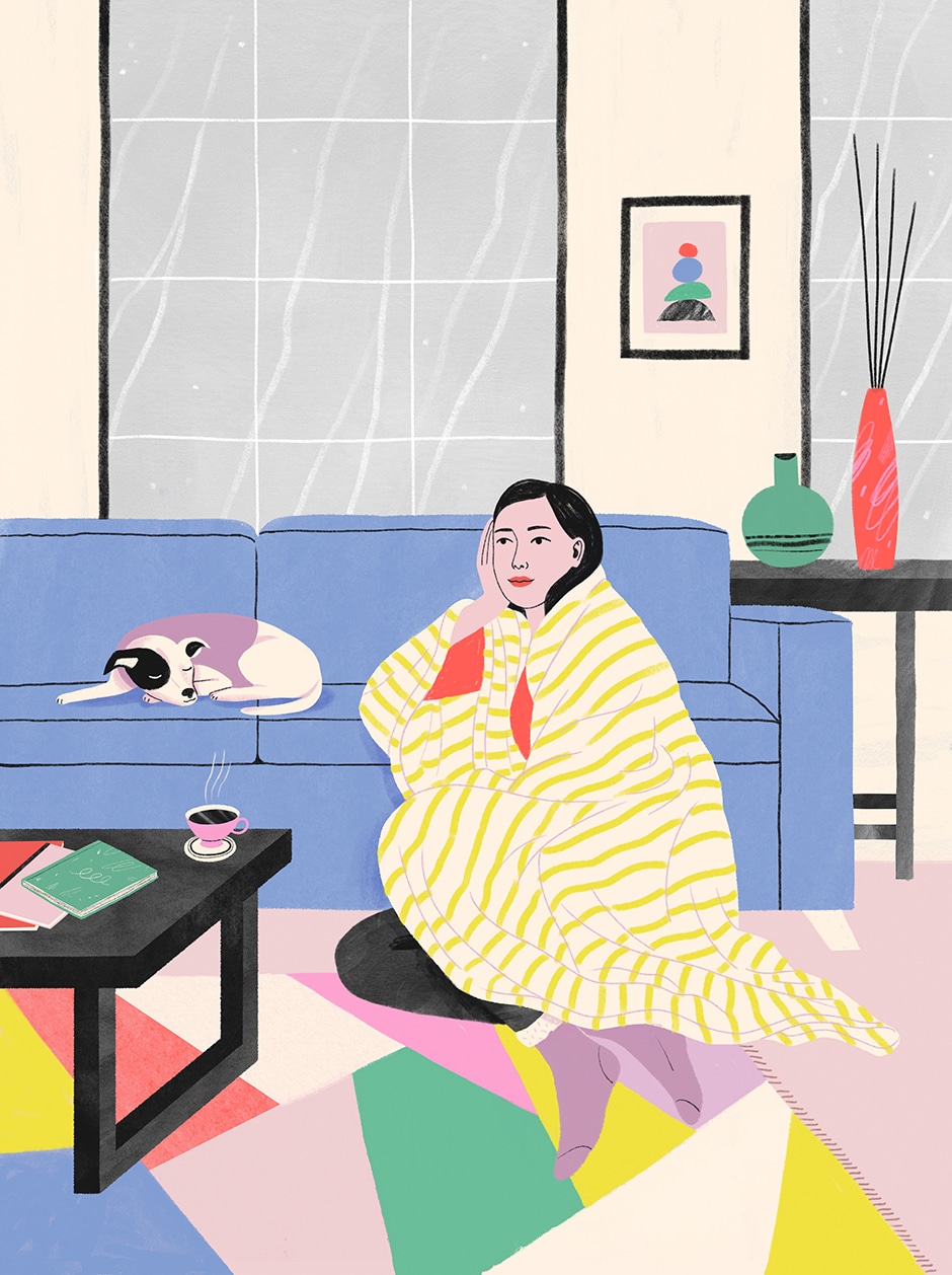 woman swaddled in blanket illustration