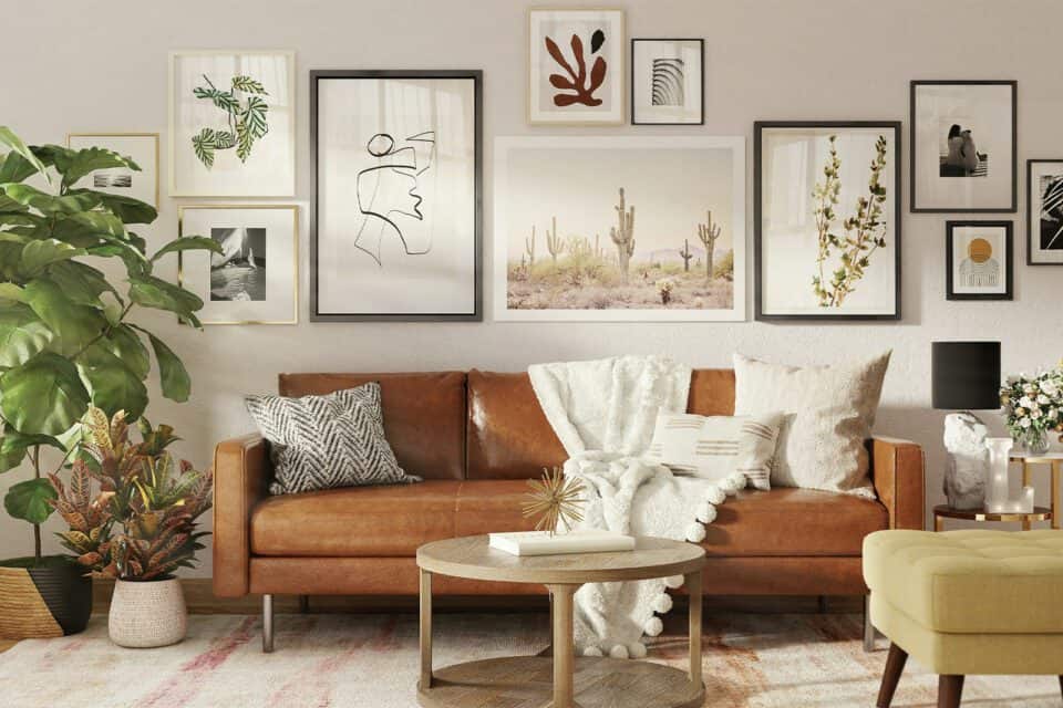 gallery wall art interior modern leather sofa living room plants