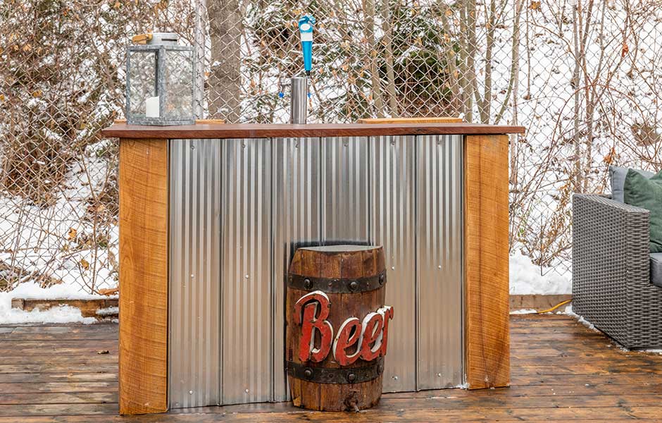 cute outdoor bar with beer barrel