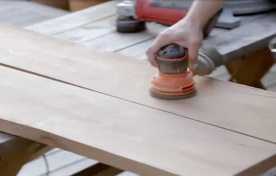 DIY outdoor bar, sanding the wood for the bar top