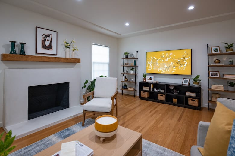living room renovation of fireplace for monica and adrian in Property Brothers Forever Home