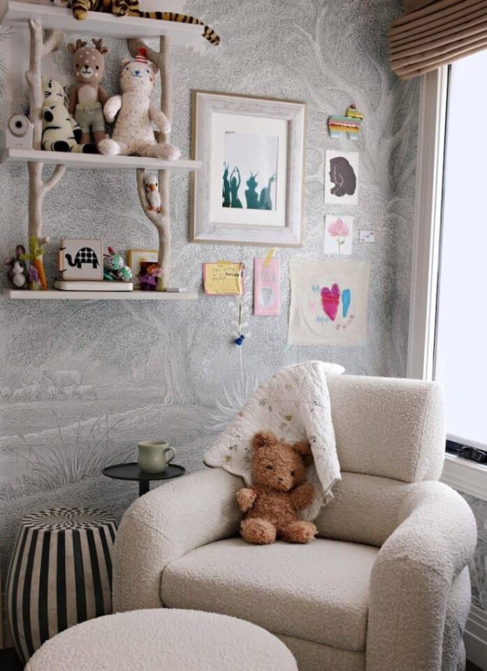 Corner chair with teddy bear in Drew and Linda's nursery