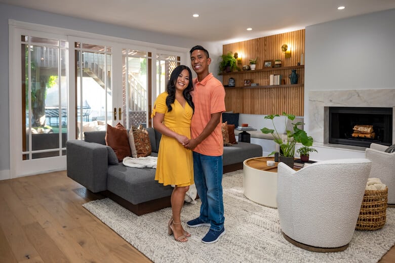Janice and Mark in their new living room, courtesy of Property Brothers Forever Home