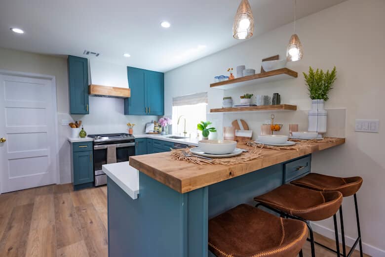 raised countertop in kitchen for ginger and alex in Property Brothers Forever Home