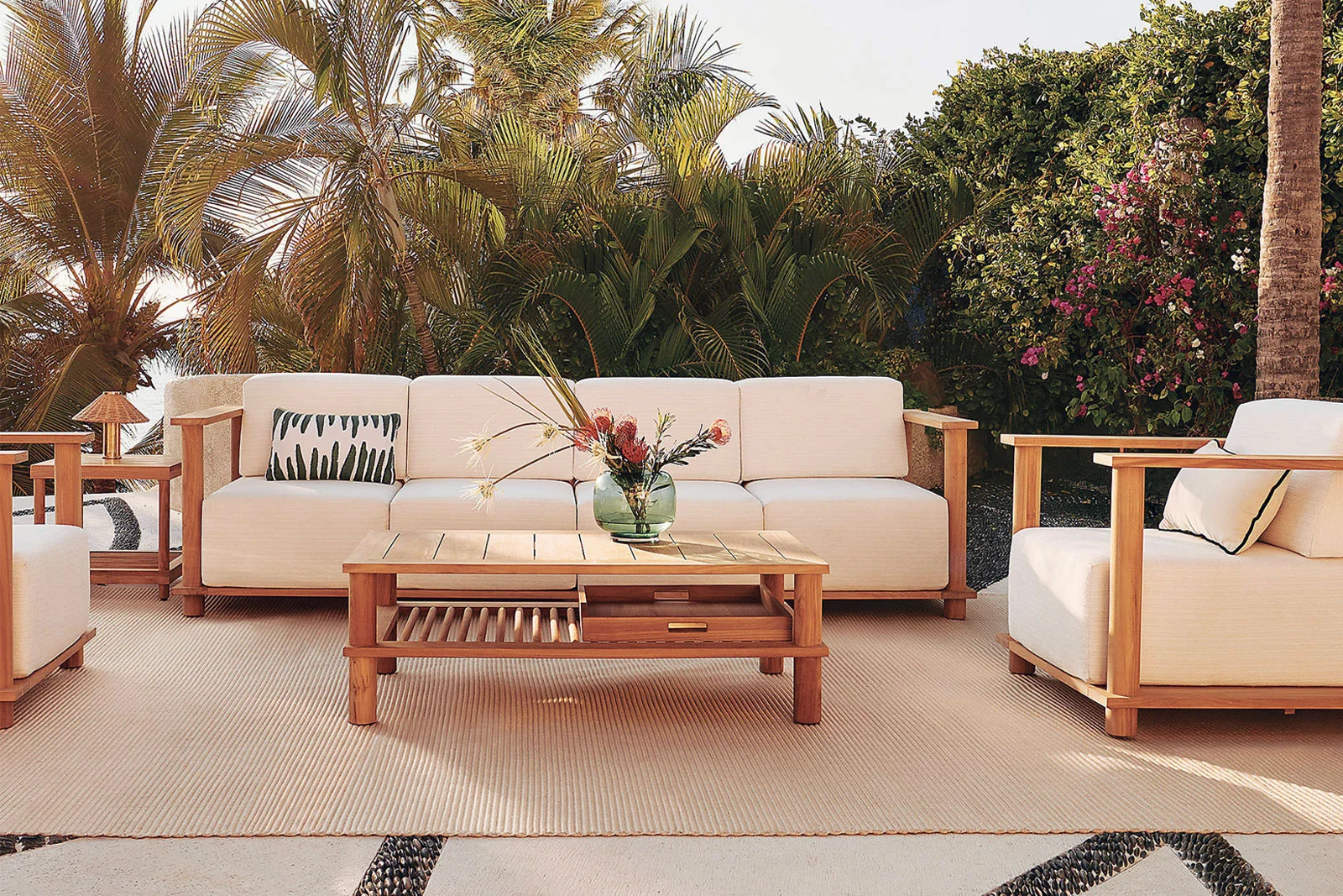 deck furniture ideas, teak wood in paradise with palm trees