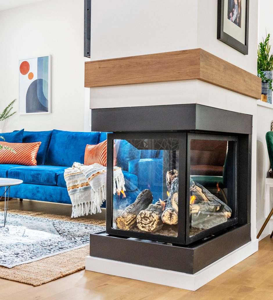 midcentury open concept layout fireplace