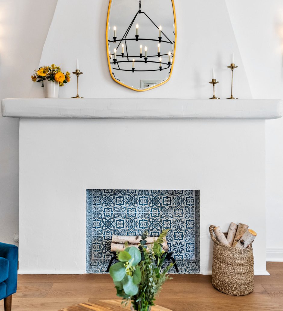 white and blue spanish colonial fireplace