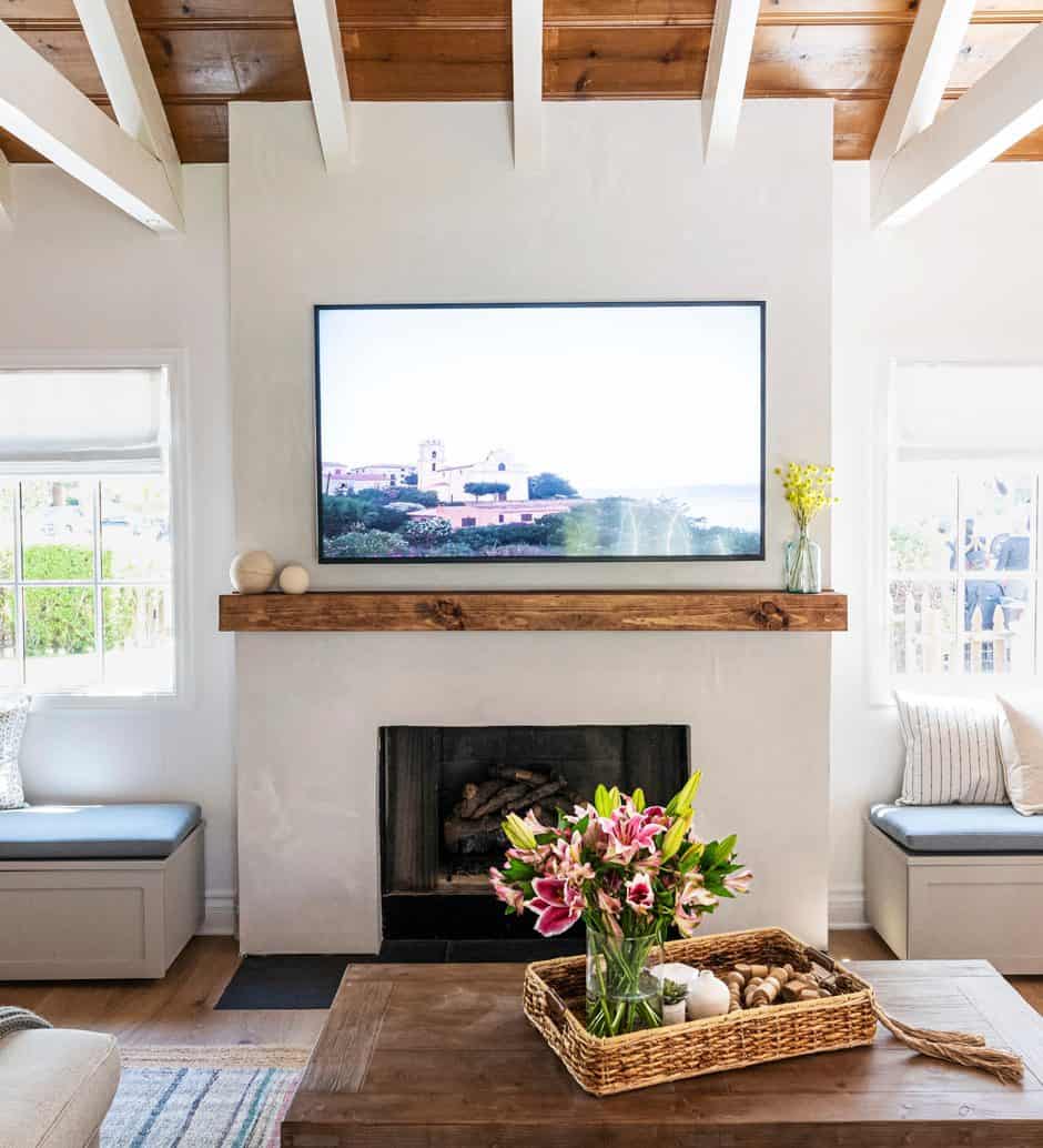 symmetrical fireplace design with artwork above