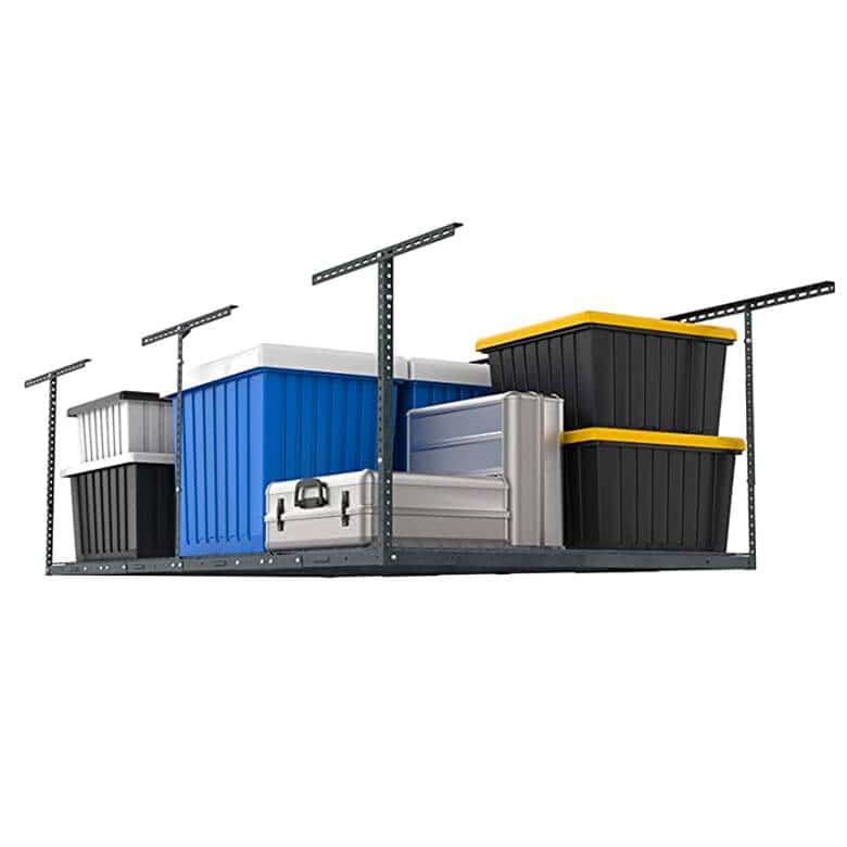 Ceiling-mounted garage storage rack with plastic and metal storage bins