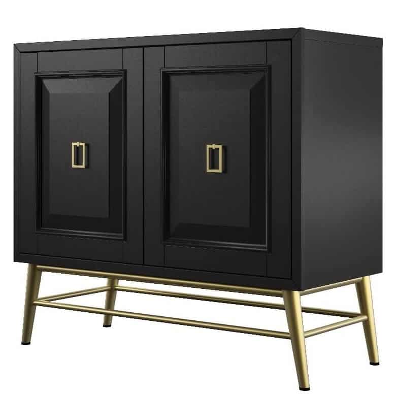 Black storage cabinet with gold handles and gold metal legs in a modern design.