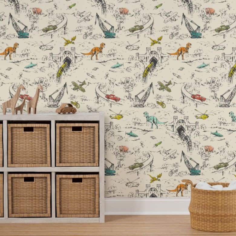 Spoonflower Hand-Drawn Dinosaur Peel and Stick Wallpaper