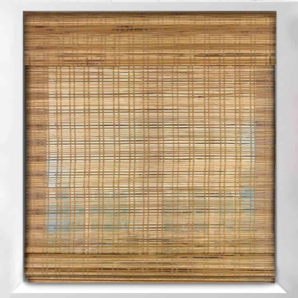 Bamboo window blinds with a white frame