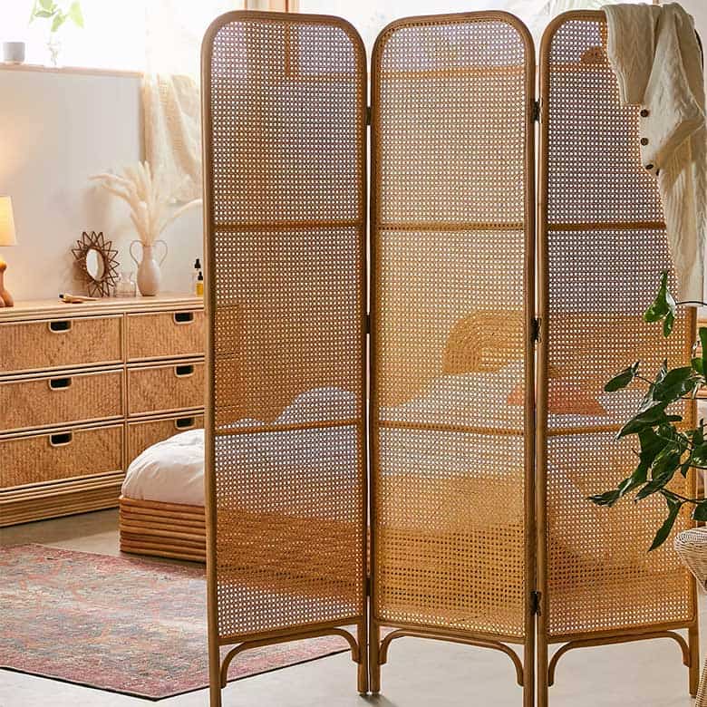 Bedroom with rattan screen room divider