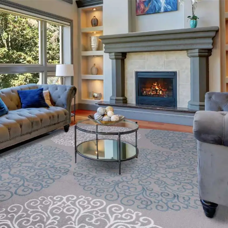 Elegant living room with tufted sofa fireplace mirrored coffee table and decorative rug