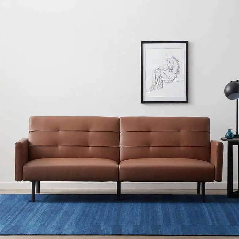 Minimalist living room with brown leather sofa, blue rug, framed sketch, and black floor lamp