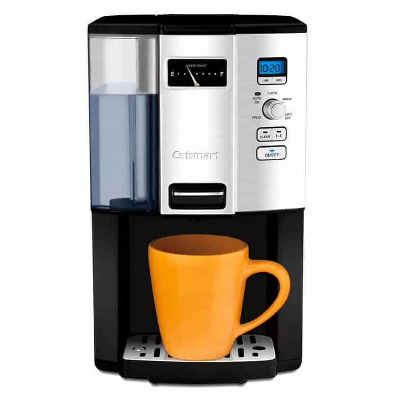 A sleek, modern coffee maker, featuring a stainless steel front panel with black accents