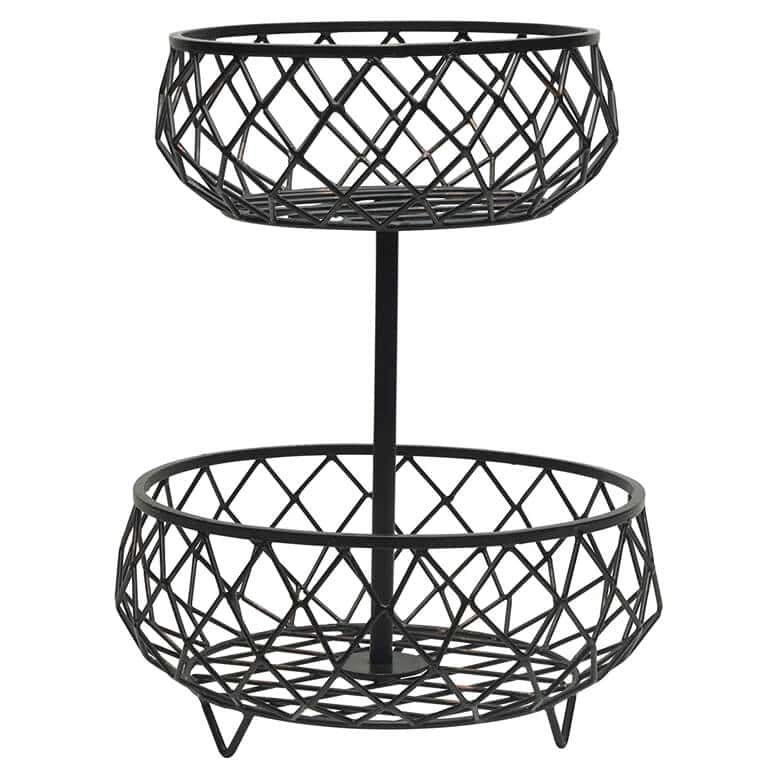 Black two-tier metal wire basket stand with a geometric design