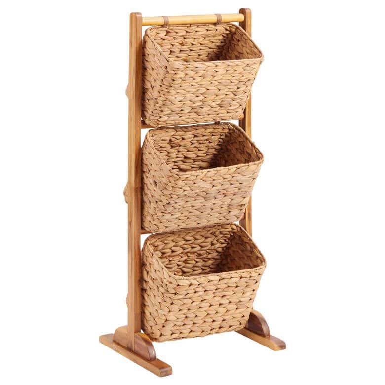 Three-tier woven basket organizer with a wooden frame for vertical storage