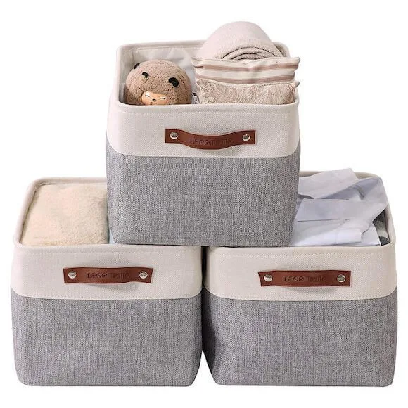 Gray and tan fabric baskets