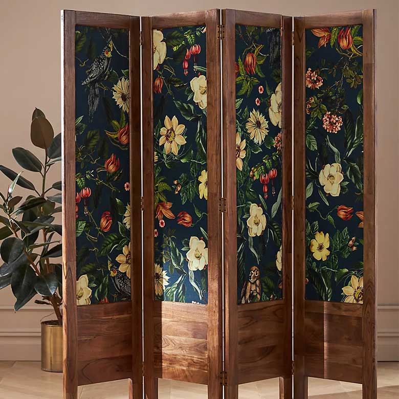 Wood room divider with floral upholstery