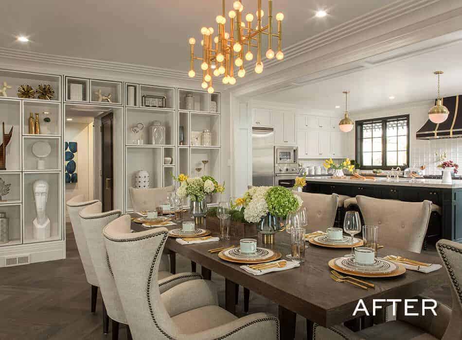 Elegant dining room with upholstered chairs, floral centerpiece, and modern chandelier