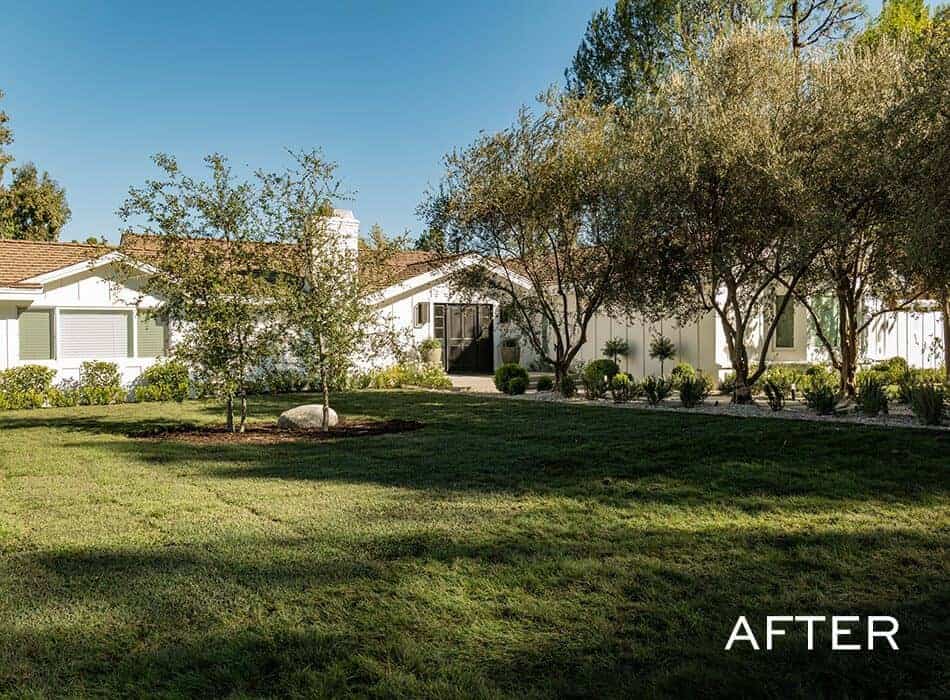 Improved front yard of a single-story house.