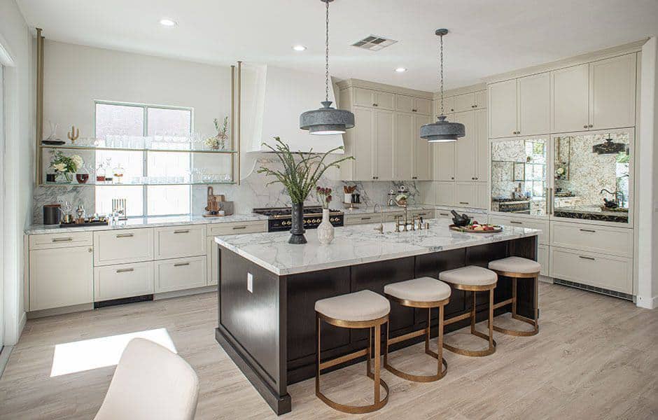 Modern kitchen interior with white cabinetry and central island