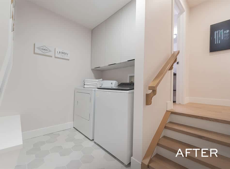 Compact laundry area with a washer, dryer, white cabinetry, and hexagon tile flooring