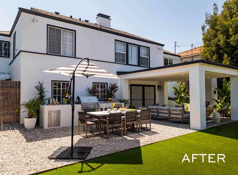 Modern backyard with a dining area, outdoor kitchen, lounge seating, and a shaded pergola