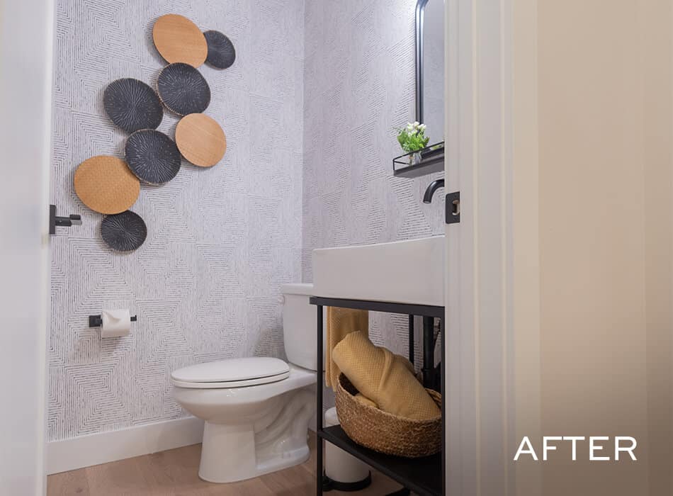Compact and stylish bathroom with textured walls, woven accents, and a modern minimalist vanity