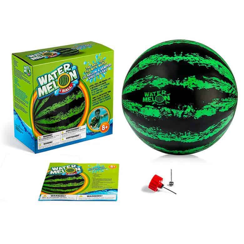 Watermelon Ball toy with green-black markings, packaging box, inflating needle, and adapter for water play