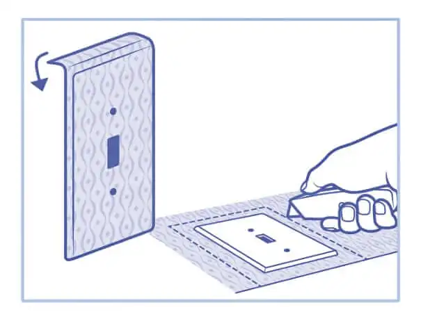 Drawing demonstrating how to cover a light-switch with peel and stick wallpaper