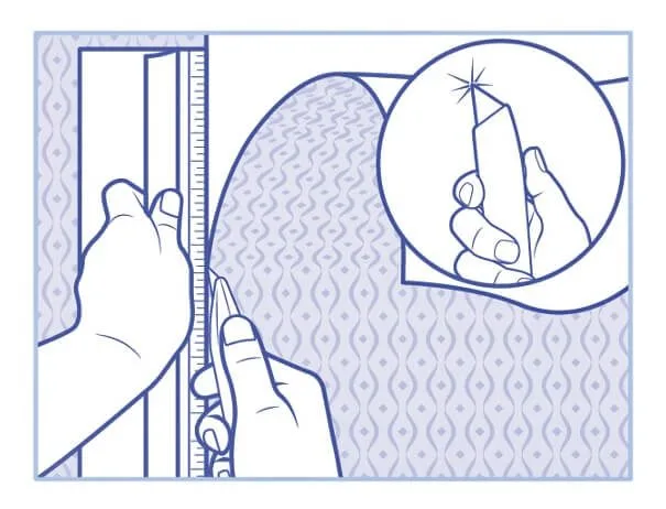 Drawing demonstrating how to cut peel and stick wallpaper