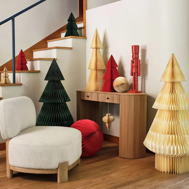 multi-colored floor paper christmas trees