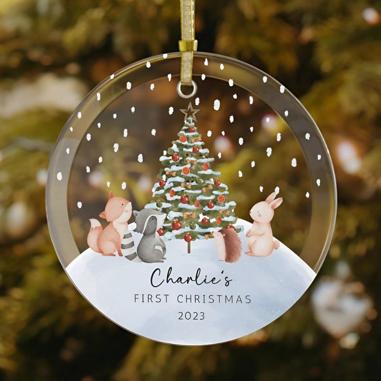 round woodland scene babys first christmas ornament