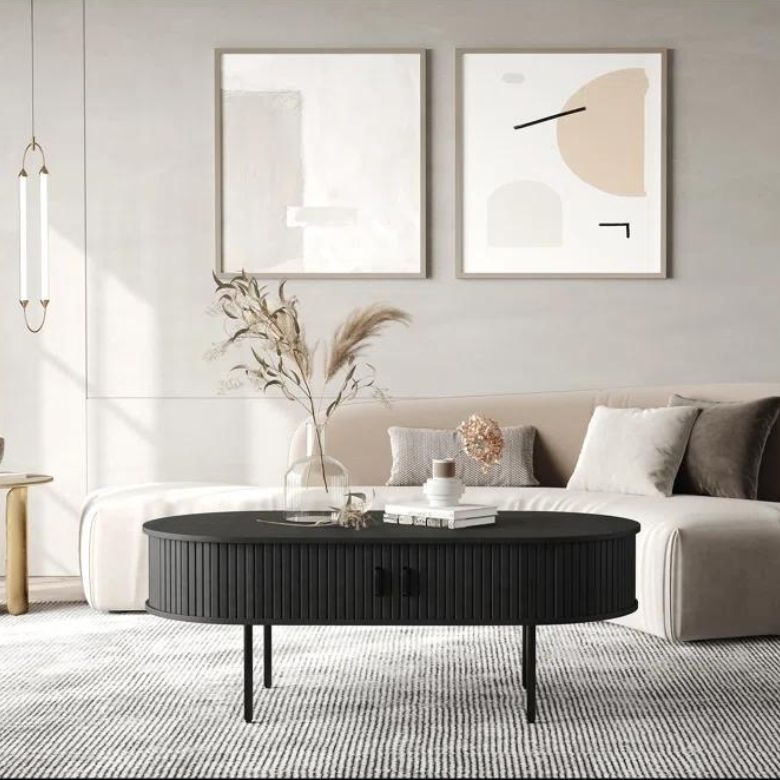 black oval fluted coffee table with storage