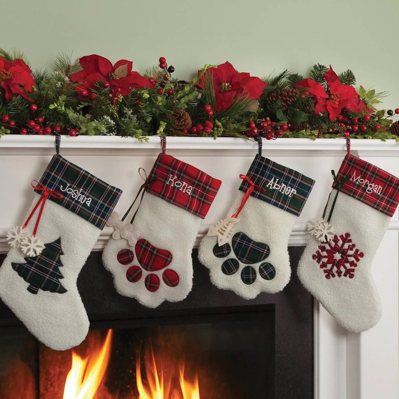 Personalized Red Plaid Dog Paw Stocking