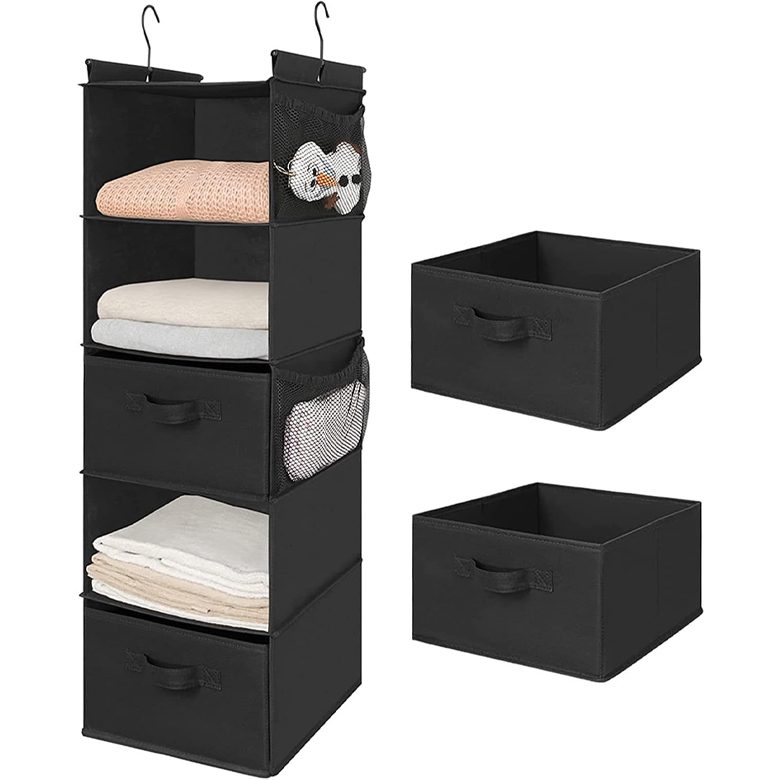 MAX Houser 5 Tier Shelf Hanging Closet Organizer, Cloth Hanging Shelf with 2 Sturdy Hooks for Storage, Foldable (Black-D2)