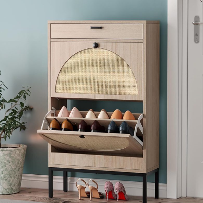Brafab Shoe Storage Cabinet with 2 Flip Drawers&1 Small Drawer, Slim Entryway Shoe Organizer with Half Round Woven Rattan Doors