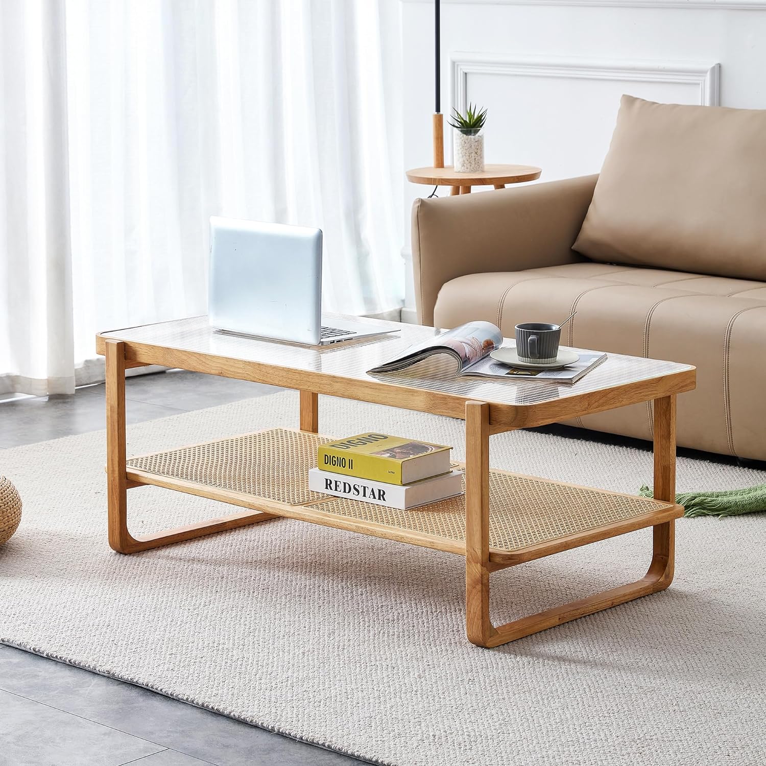 Ganooly Mid Century Modern Coffee Table with Ribbed Glass Top and PE Rattan Storage Shelf