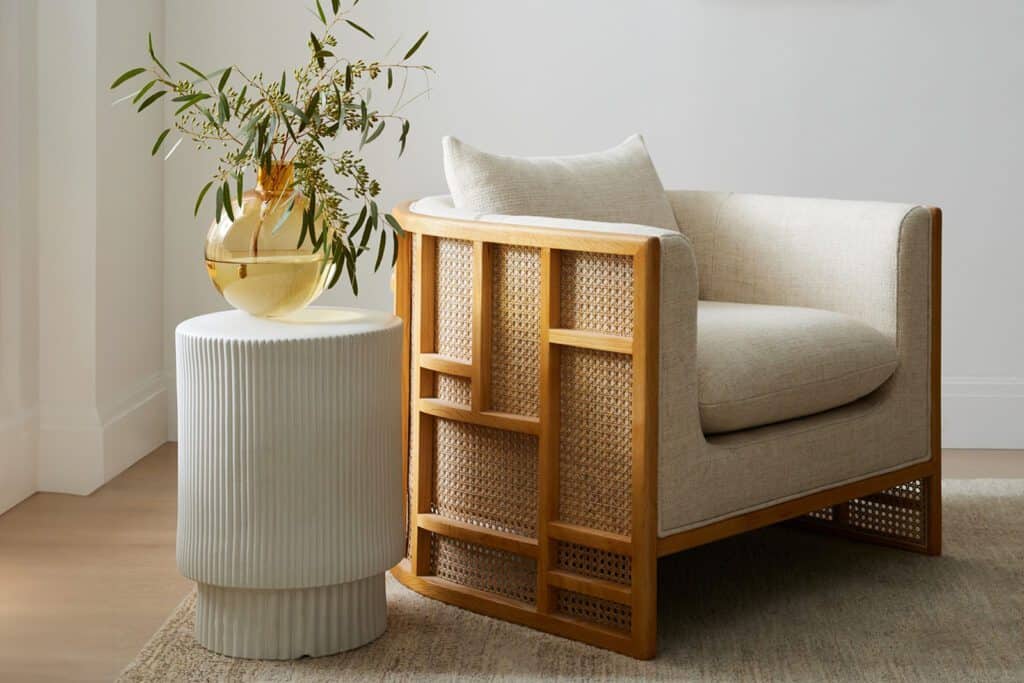 fluted accent table with plush chair