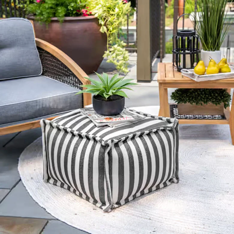 Grey Printed Striped Indoor/Outdoor Pouf 14" H x 20" W x 20" D