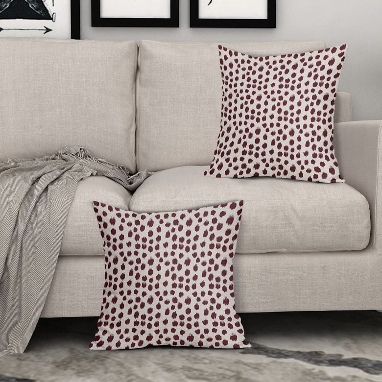 Burgundy Cream Pillow Covers 18x18 Set of 2 Boho Polka Dot Throw Pillows Modern Brush Strokes Print