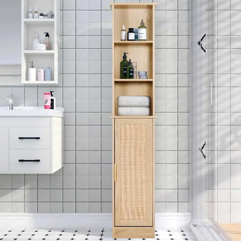 65'' Tall Bathroom Storage Cabinet Organizer Wood Slim Floor Freestanding Cabinet Linen Tower with Door & 6 Shelves
