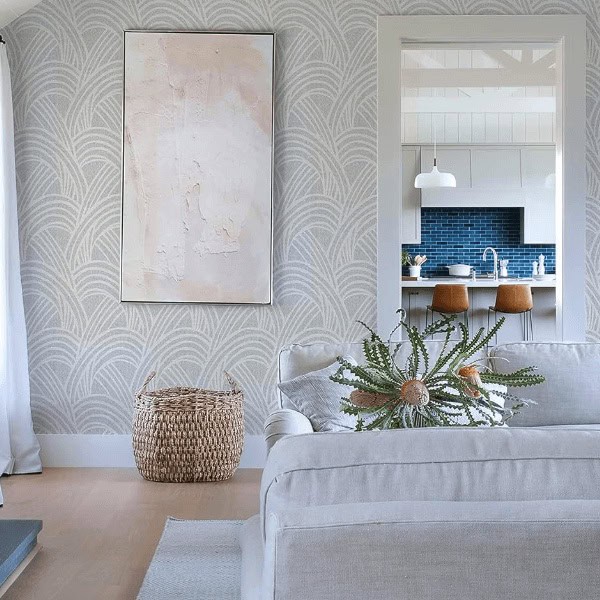 gray wallpaper in a living room