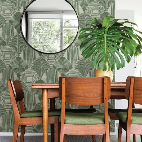 green wallpaper in dining room