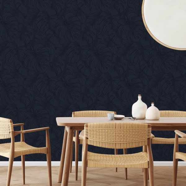 dark blue wallpaper in dining room